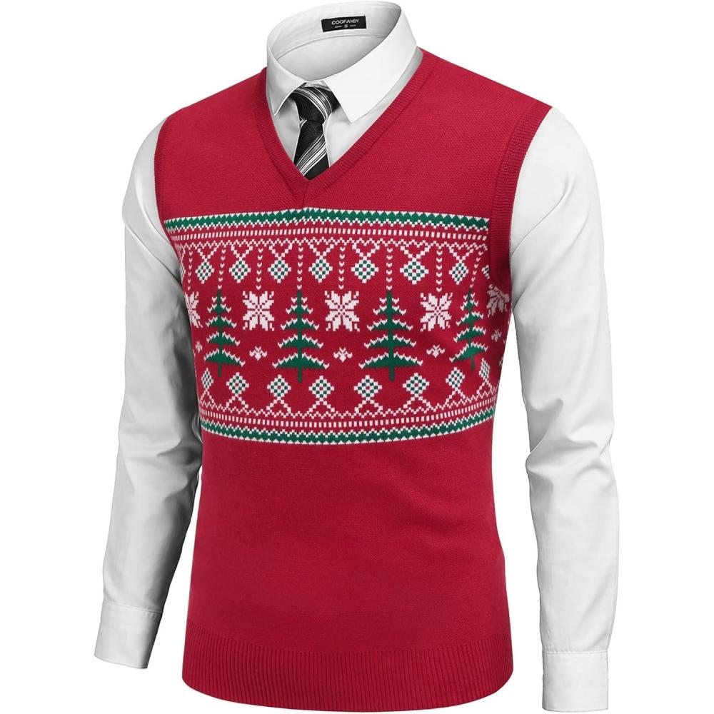 imageCOOFANDY Mens Sleeveless V Neck Pullover Sweater Slim Fit Casual Argyle Sweater VestChristmas Tree  Red