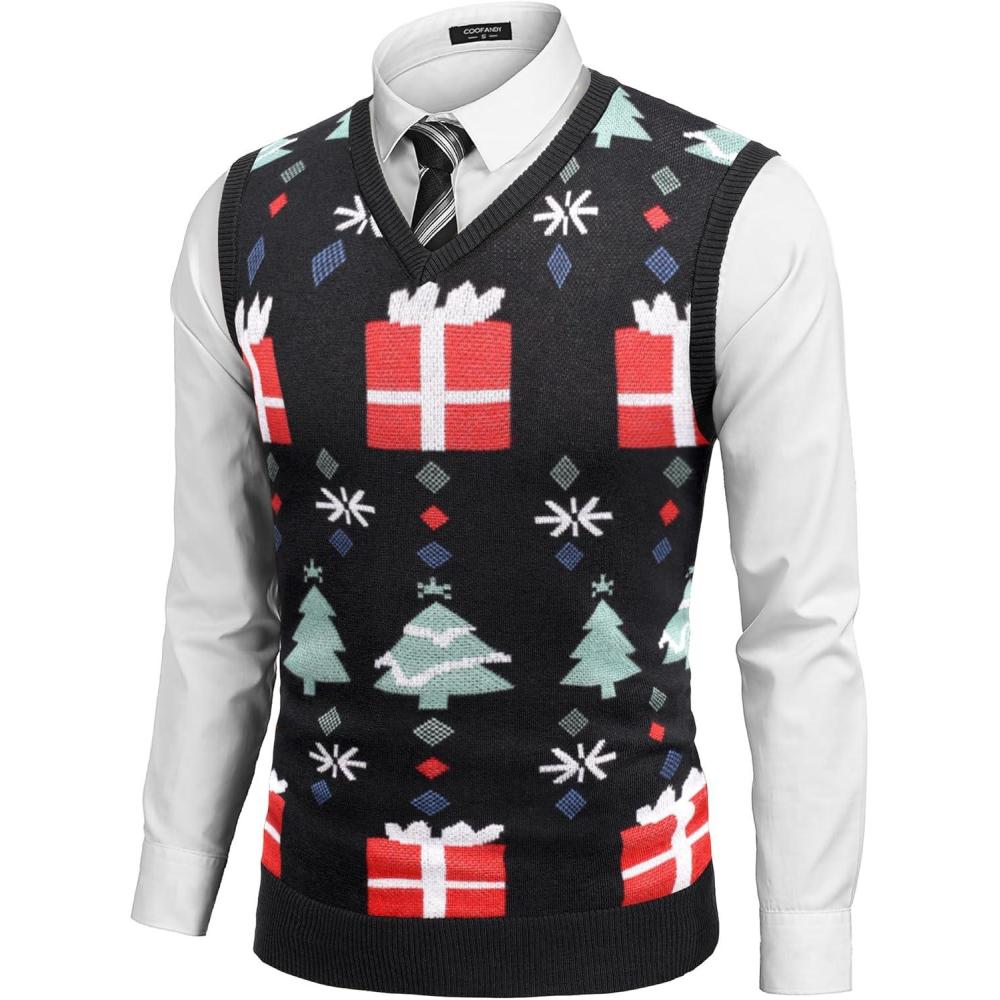 imageCOOFANDY Mens Sleeveless V Neck Pullover Sweater Slim Fit Casual Argyle Sweater VestColorful Christmas Tree