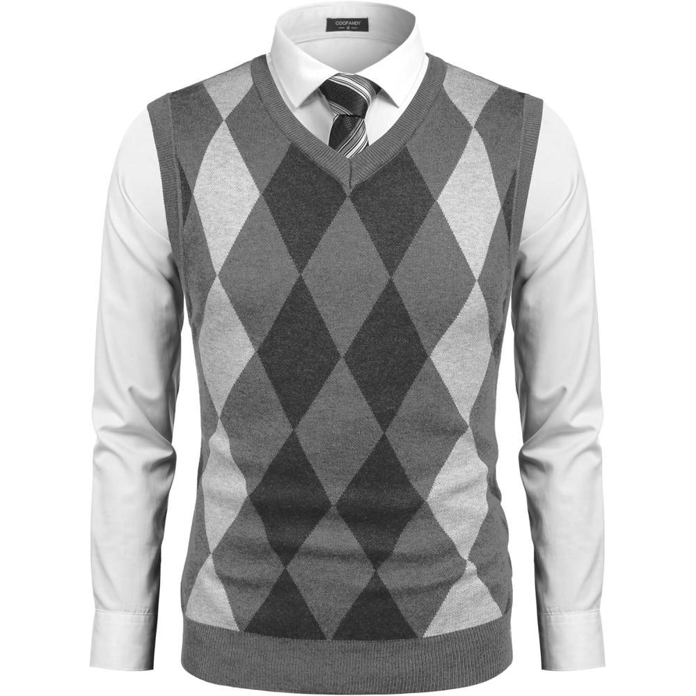 imageCOOFANDY Mens Sleeveless V Neck Pullover Sweater Slim Fit Casual Argyle Sweater VestGrey