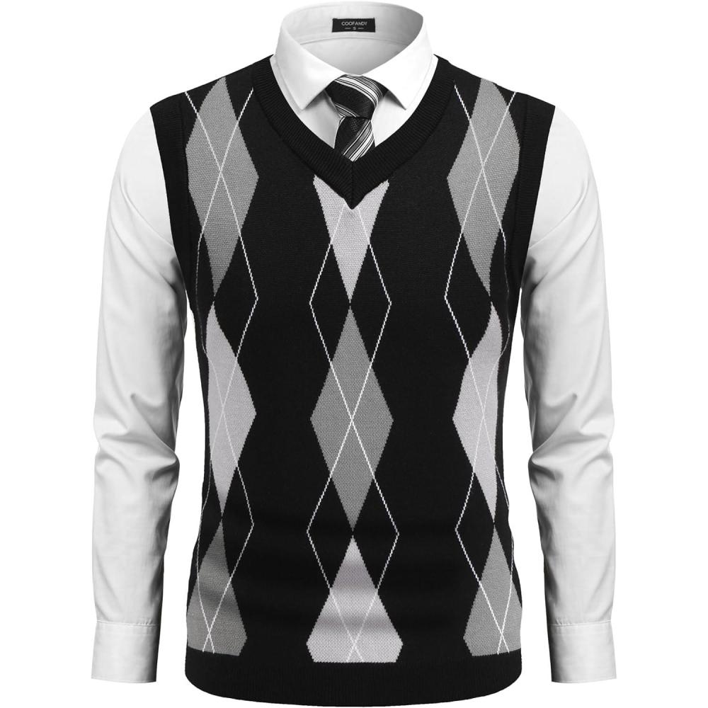imageCOOFANDY Mens Sleeveless V Neck Pullover Sweater Slim Fit Casual Argyle Sweater VestGw262 Black and Gray Plaid