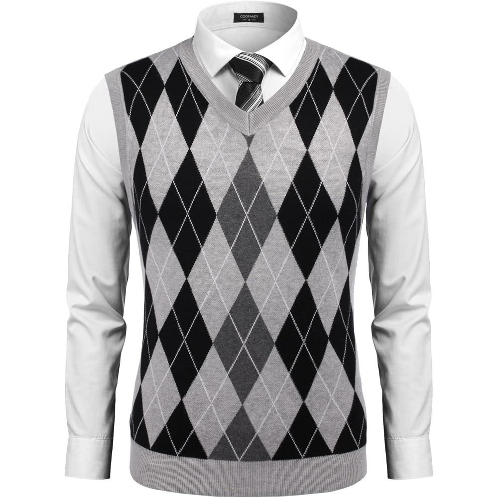 imageCOOFANDY Mens Sleeveless V Neck Pullover Sweater Slim Fit Casual Argyle Sweater VestLight Grey