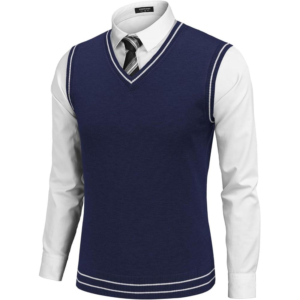 imageCOOFANDY Mens Sleeveless V Neck Pullover Sweater Slim Fit Casual Argyle Sweater VestStripes Navy Blue