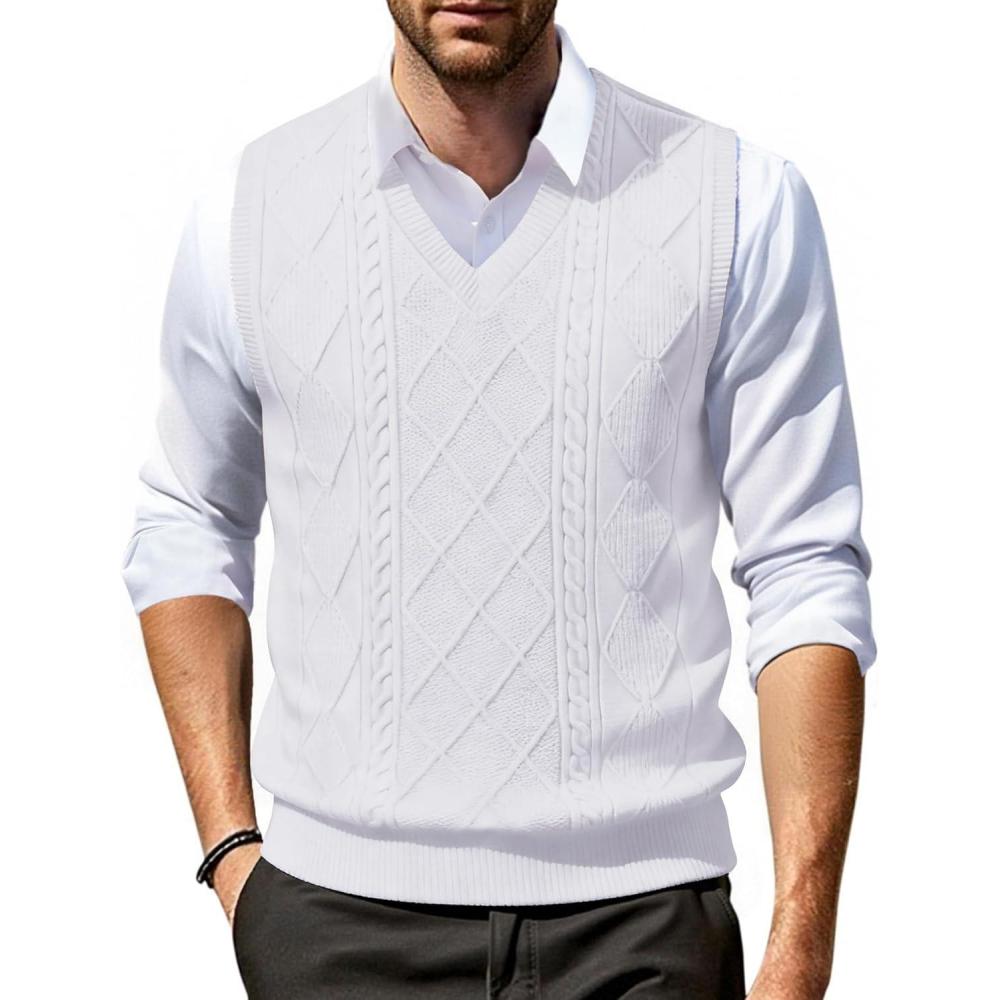 imageCOOFANDY Mens Sleeveless V Neck Pullover Sweater Slim Fit Casual Argyle Sweater VestWhite