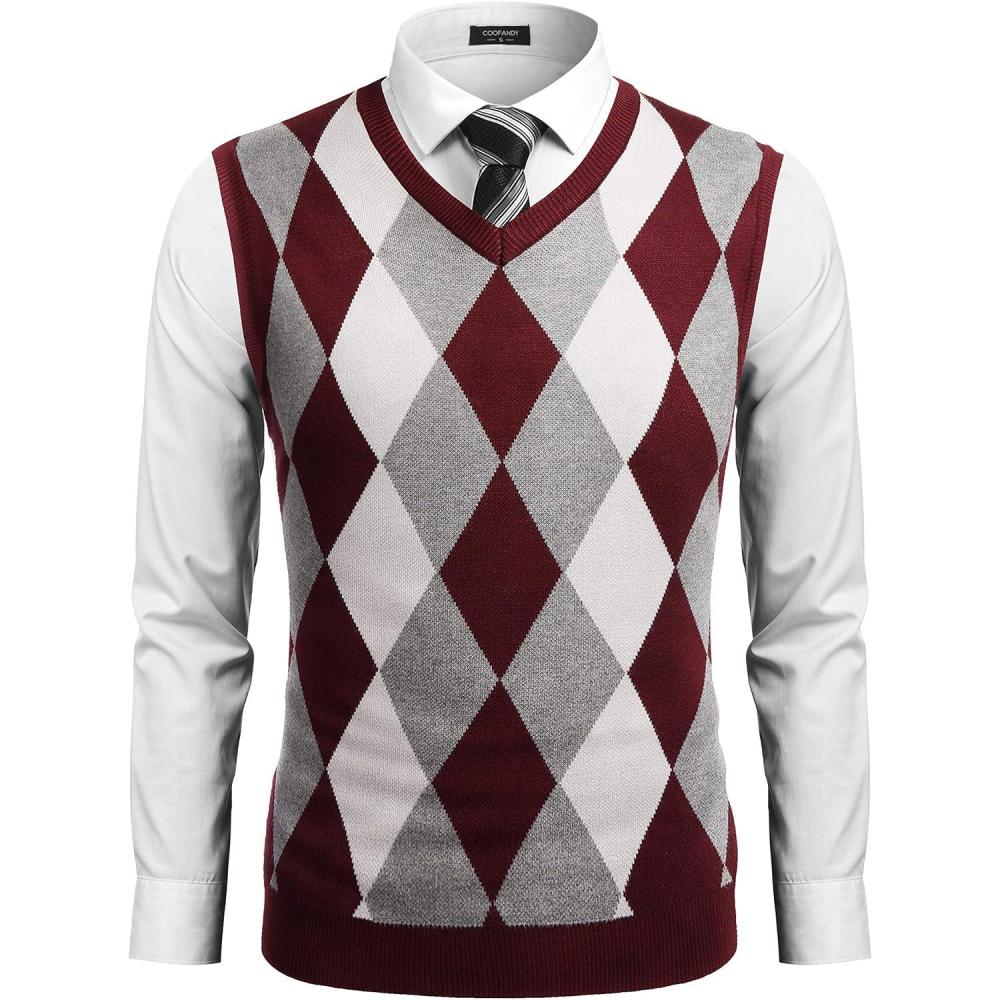 imageCOOFANDY Mens Sleeveless V Neck Pullover Sweater Slim Fit Casual Argyle Sweater VestWine Red