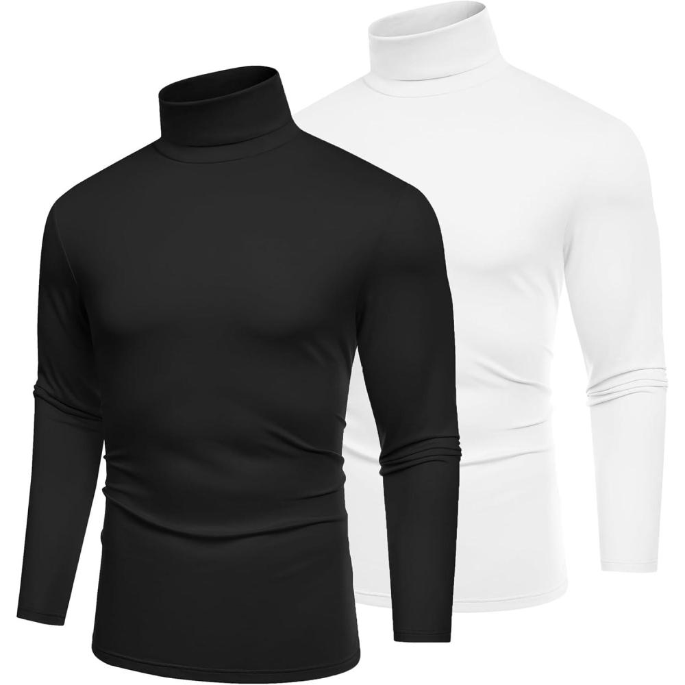 imageCOOFANDY Mens Slim Fit Basic Turtleneck TShirt Long Sleeve Solid T Shirts Casual Knit Pullover Thermal Tops2 Packblackwhite