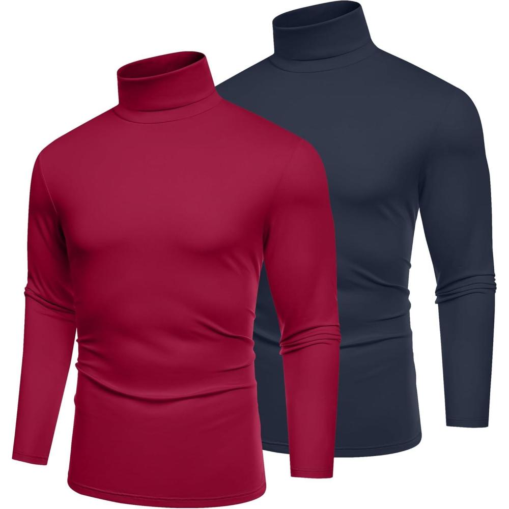 imageCOOFANDY Mens Slim Fit Basic Turtleneck TShirt Long Sleeve Solid T Shirts Casual Knit Pullover Thermal Tops2 Packnavy Bluewine Red