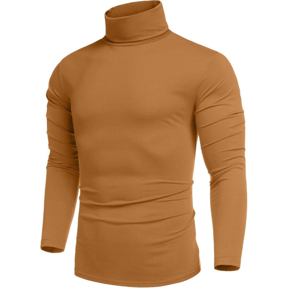 imageCOOFANDY Mens Slim Fit Mock Turtleneck Pullover Sweater Casual Basic Knitted Thermal SweatersCaramel