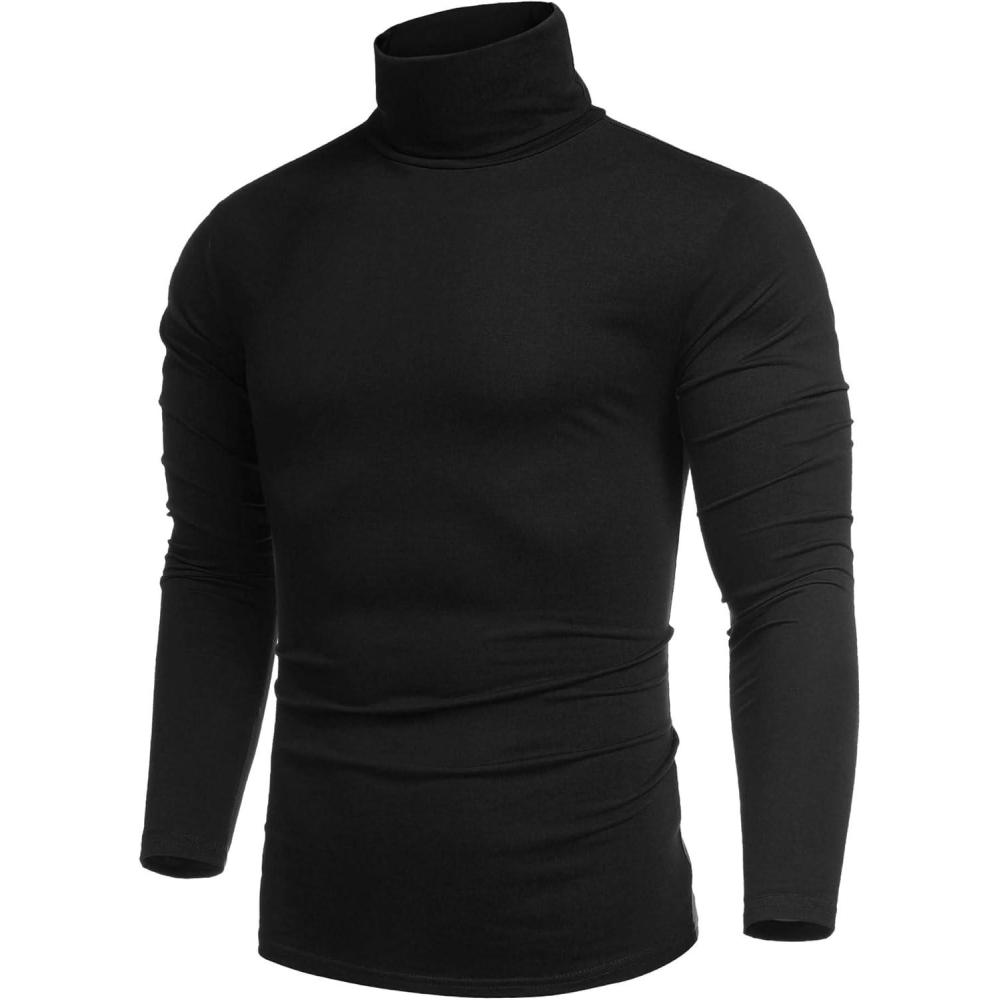 imageCOOFANDY Mens Slim Fit Turtleneck Cotton T Shirts Casual Long Sleeve Basic Tops Lightweight Pullover Sweater01black