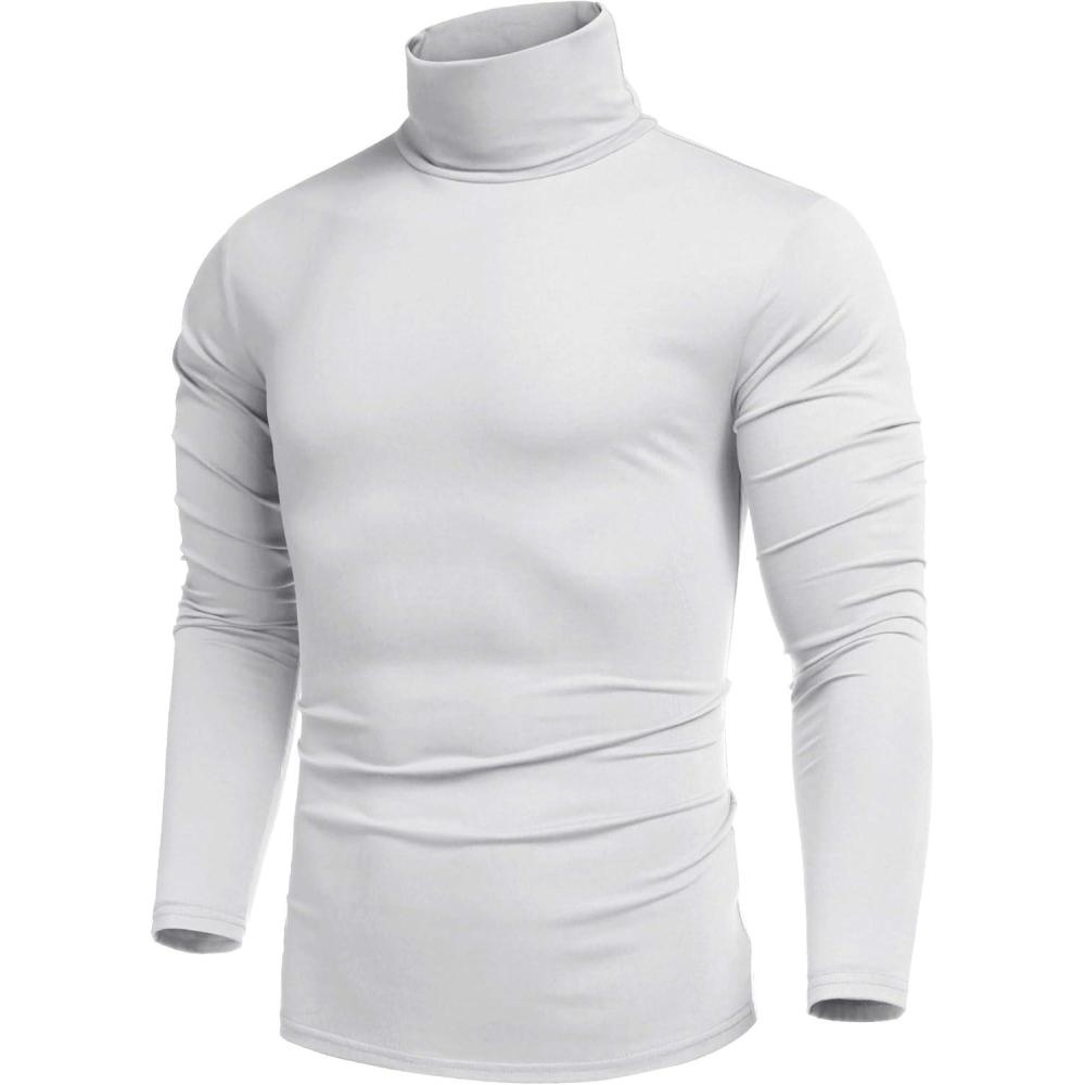 imageCOOFANDY Mens Slim Fit Turtleneck Cotton T Shirts Casual Long Sleeve Basic Tops Lightweight Pullover SweaterWhite