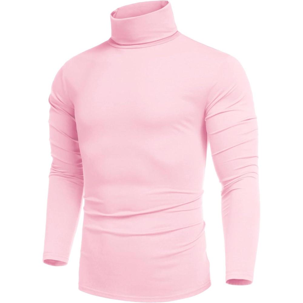imageCOOFANDY Mens Slim Fit Turtleneck Sweater Casual Basic Knitted Long Sleeve Pullover SweaterLight Pink