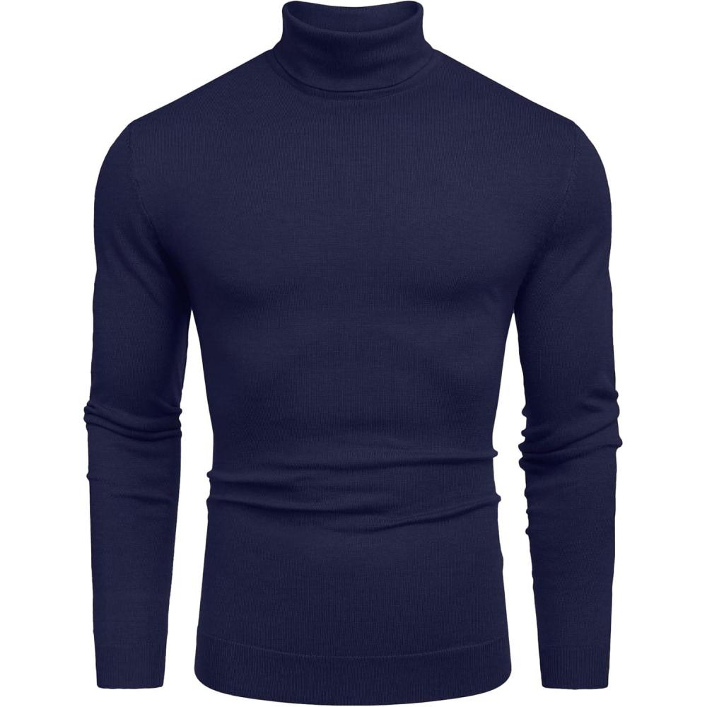 imageCOOFANDY Mens Slim Fit Turtleneck Sweater Casual Basic Knitted Long Sleeve Pullover SweaterNavy
