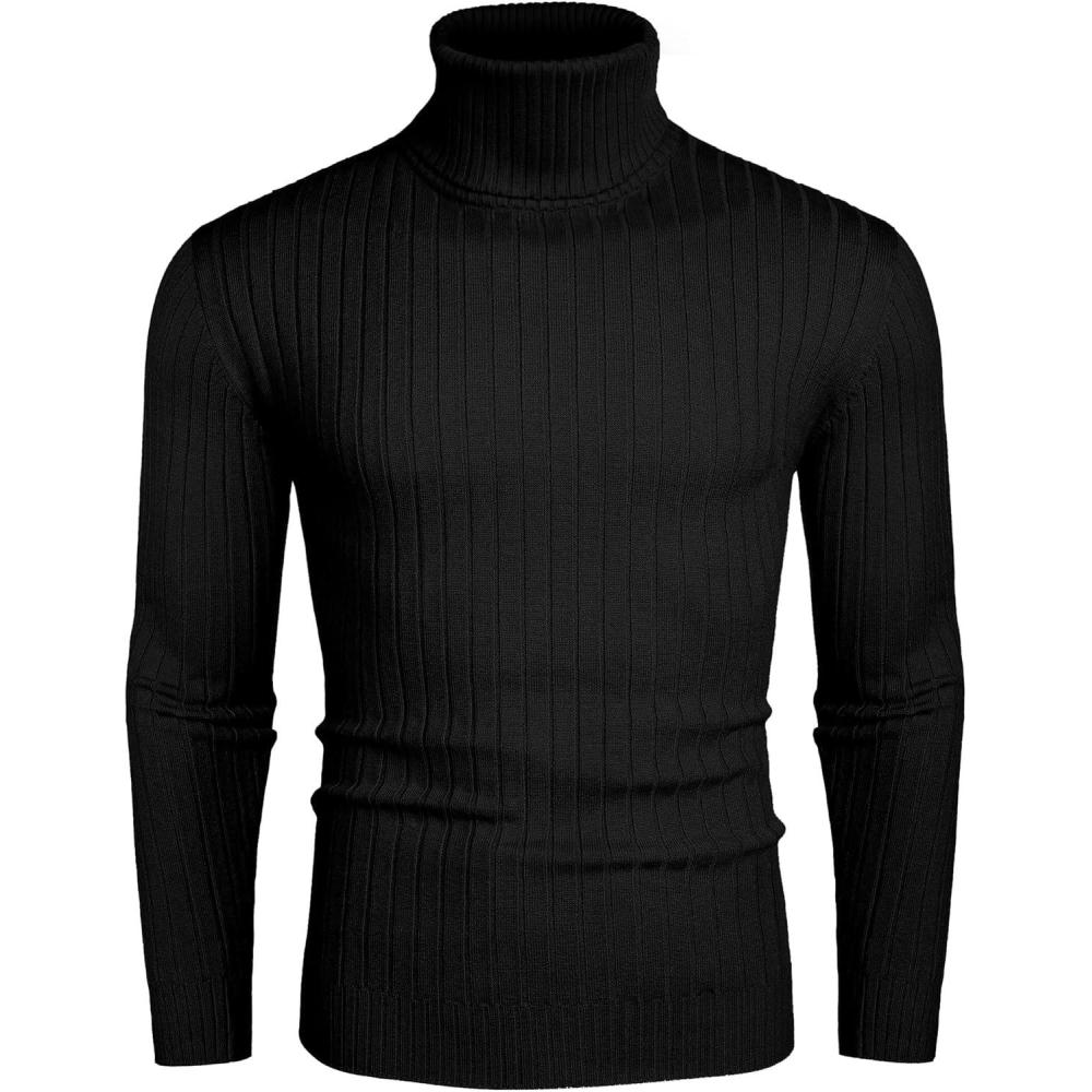 imageCOOFANDY Mens Slim Fit Turtleneck Sweater Casual Pullover Sweater Lightweight Ribbed SweaterBlack