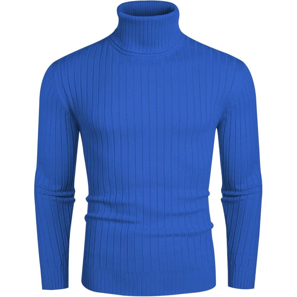 imageCOOFANDY Mens Slim Fit Turtleneck Sweater Casual Pullover Sweater Lightweight Ribbed SweaterBlue