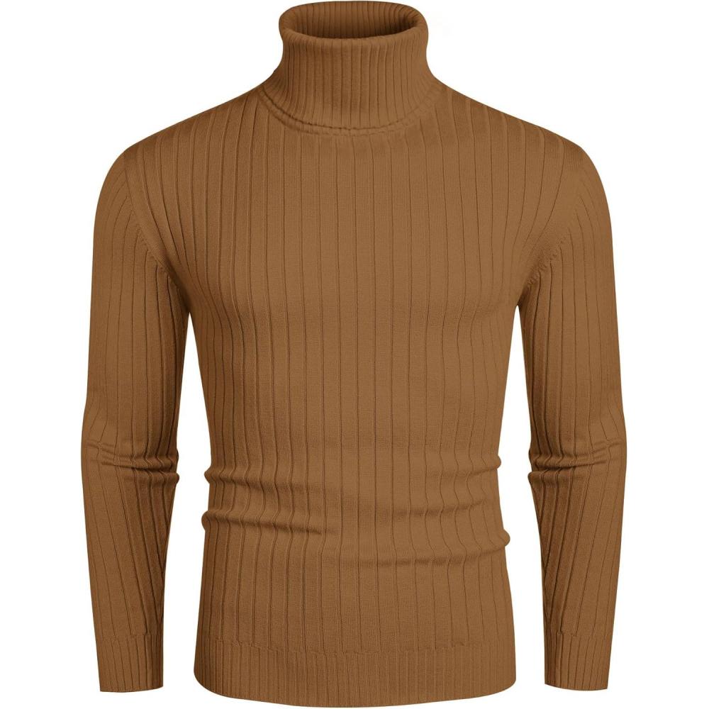 imageCOOFANDY Mens Slim Fit Turtleneck Sweater Casual Pullover Sweater Lightweight Ribbed SweaterCaramel