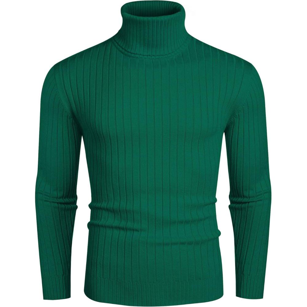 imageCOOFANDY Mens Slim Fit Turtleneck Sweater Casual Pullover Sweater Lightweight Ribbed SweaterDark Green