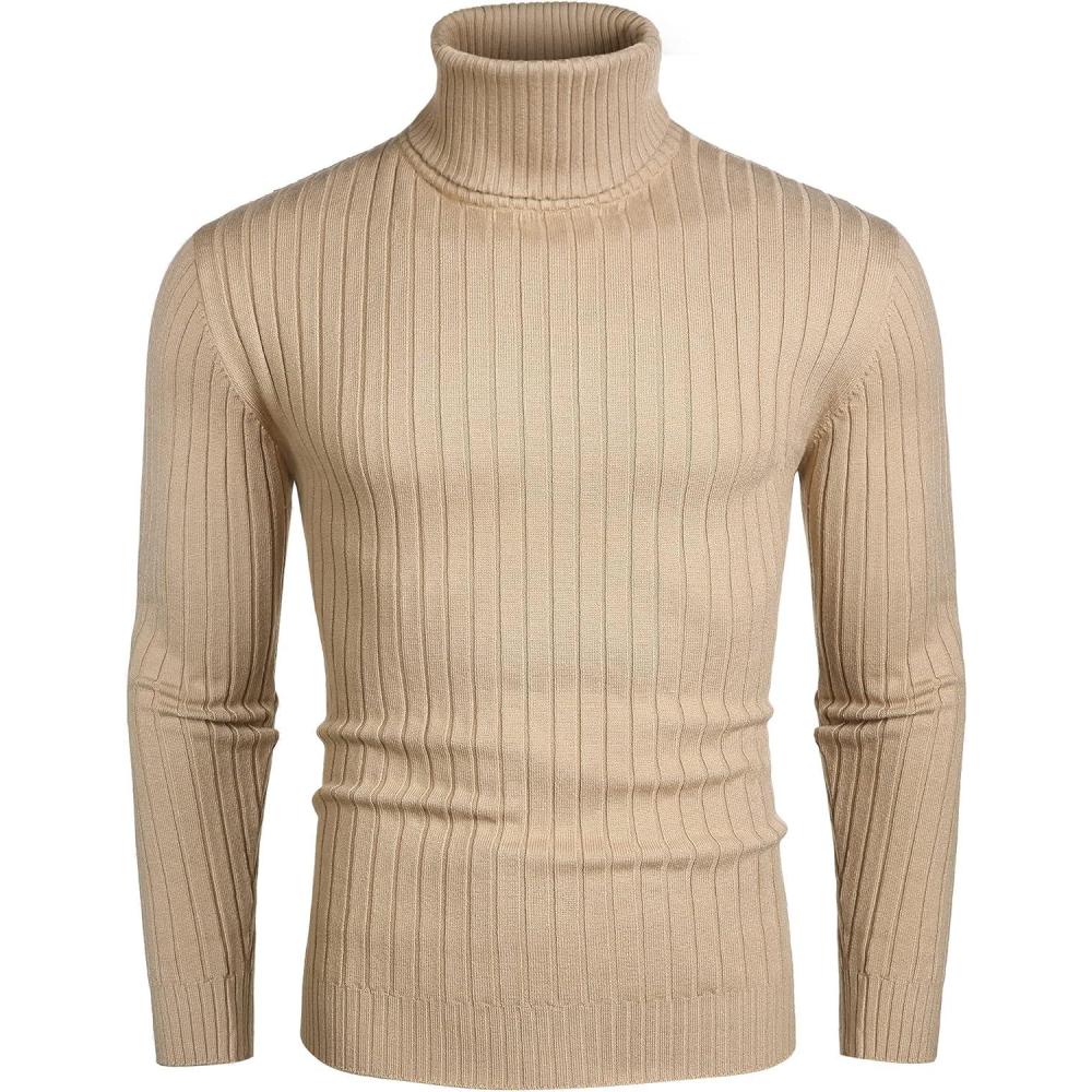 imageCOOFANDY Mens Slim Fit Turtleneck Sweater Casual Pullover Sweater Lightweight Ribbed SweaterKhaki