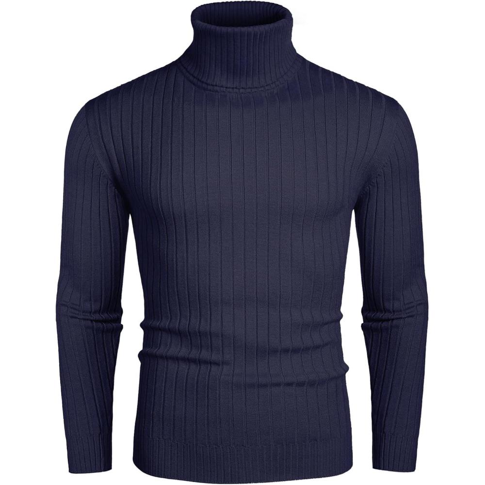 imageCOOFANDY Mens Slim Fit Turtleneck Sweater Casual Pullover Sweater Lightweight Ribbed SweaterNavy Blue