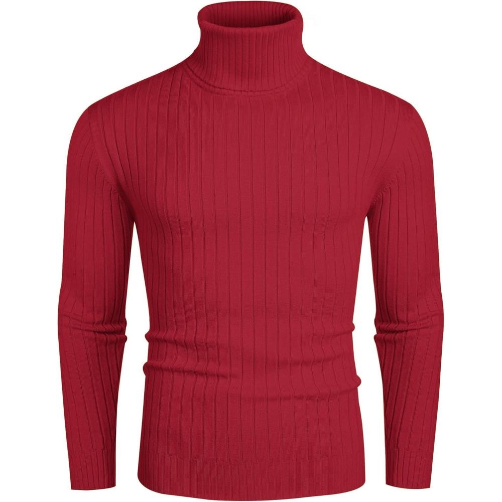 imageCOOFANDY Mens Slim Fit Turtleneck Sweater Casual Pullover Sweater Lightweight Ribbed SweaterRed