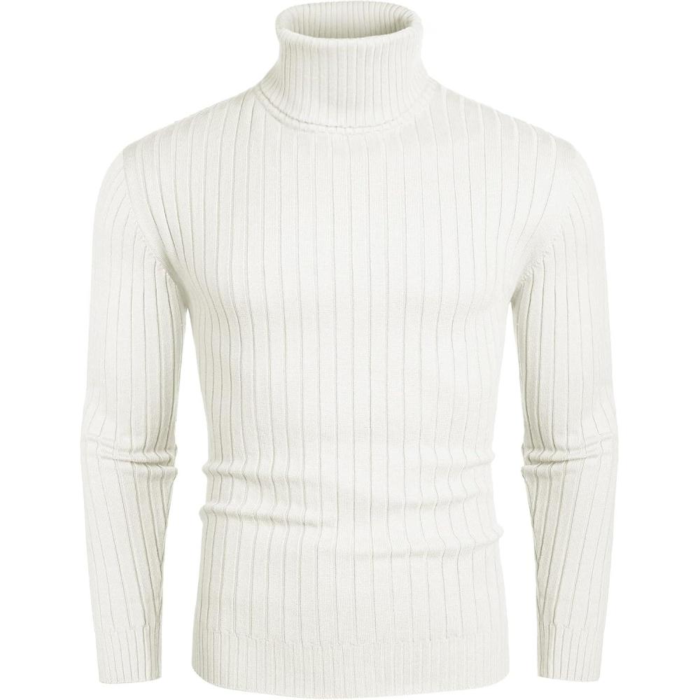 imageCOOFANDY Mens Slim Fit Turtleneck Sweater Casual Pullover Sweater Lightweight Ribbed SweaterWhite