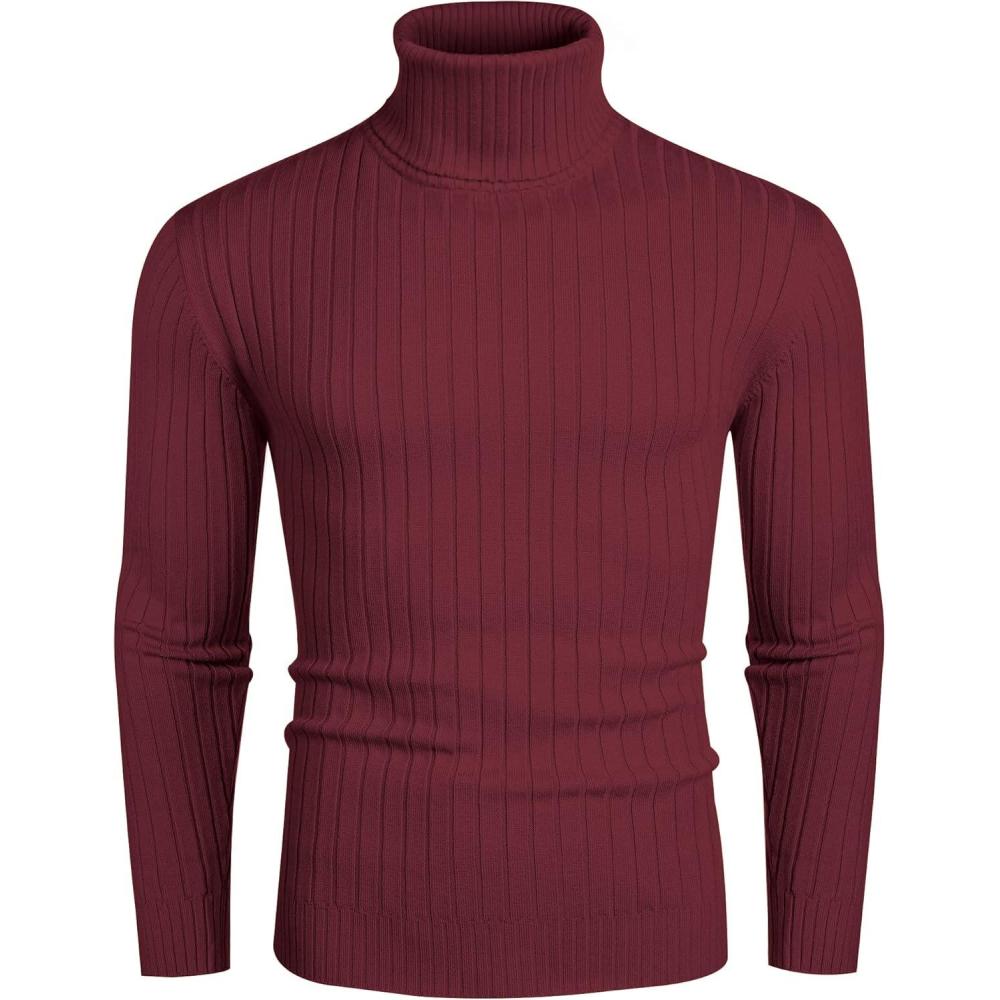 imageCOOFANDY Mens Slim Fit Turtleneck Sweater Casual Pullover Sweater Lightweight Ribbed SweaterWine Red