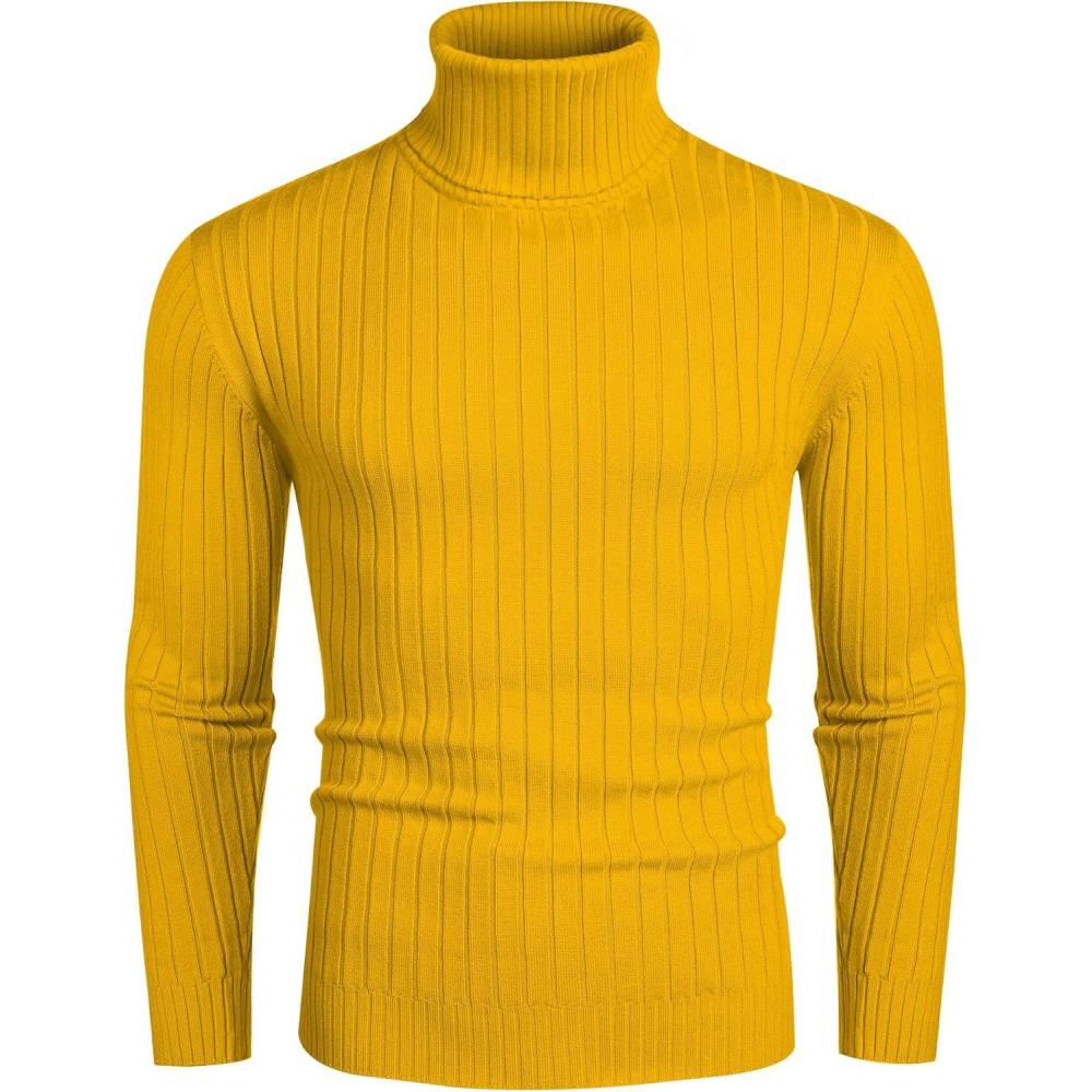 imageCOOFANDY Mens Slim Fit Turtleneck Sweater Casual Pullover Sweater Lightweight Ribbed SweaterYellow