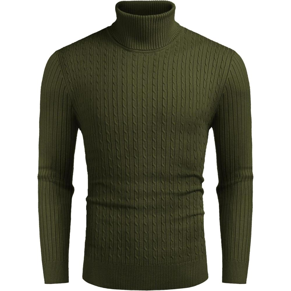 imageCOOFANDY Mens Slim Fit Turtleneck Sweater Casual Twist Patterned Pullover Knitted SweatersArmy Green