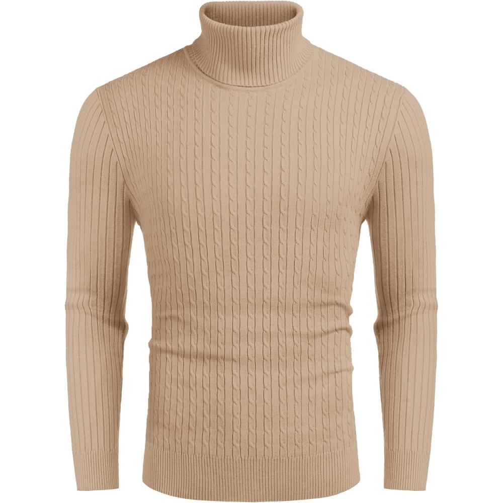 imageCOOFANDY Mens Slim Fit Turtleneck Sweater Casual Twist Patterned Pullover Knitted SweatersBeige