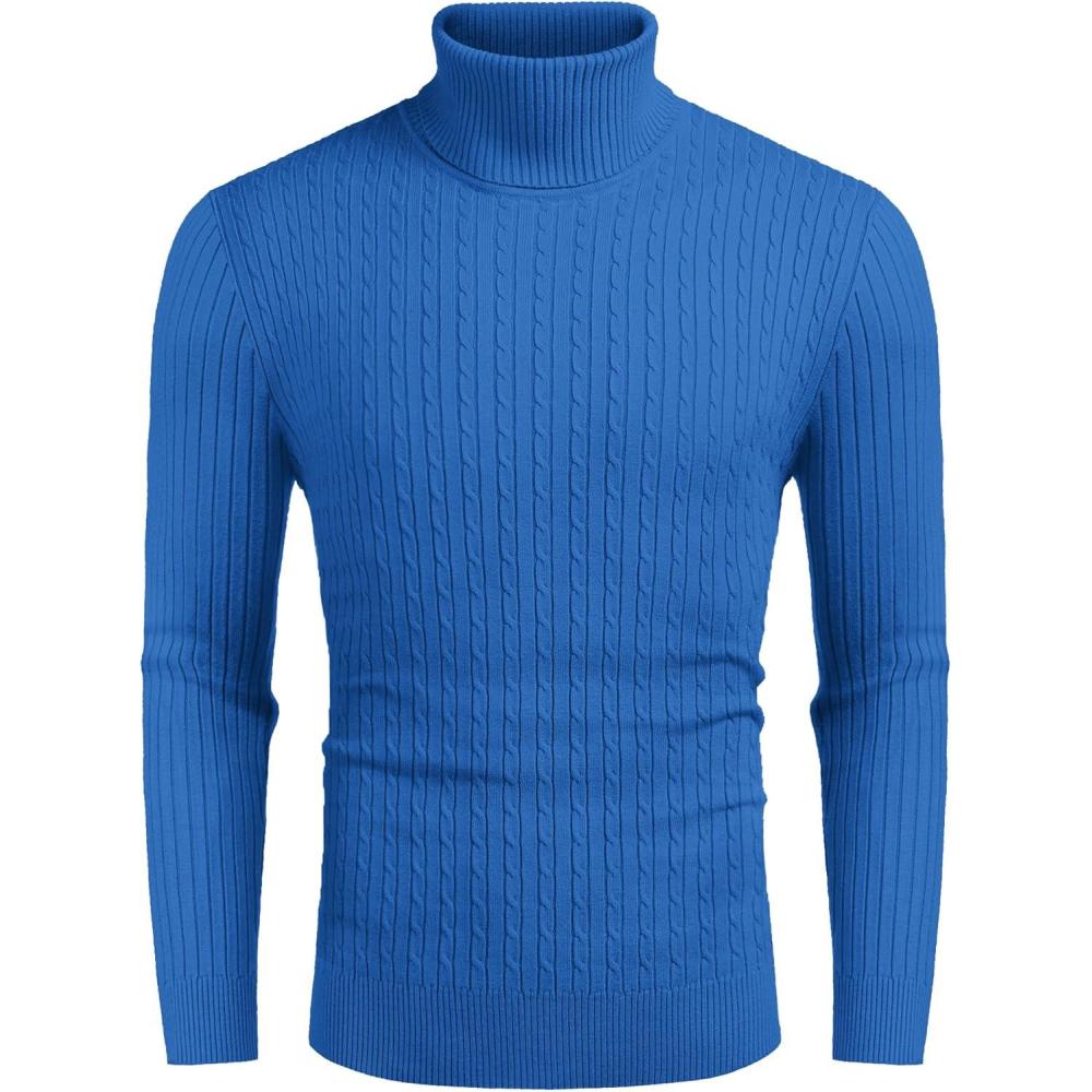 imageCOOFANDY Mens Slim Fit Turtleneck Sweater Casual Twist Patterned Pullover Knitted SweatersBlue