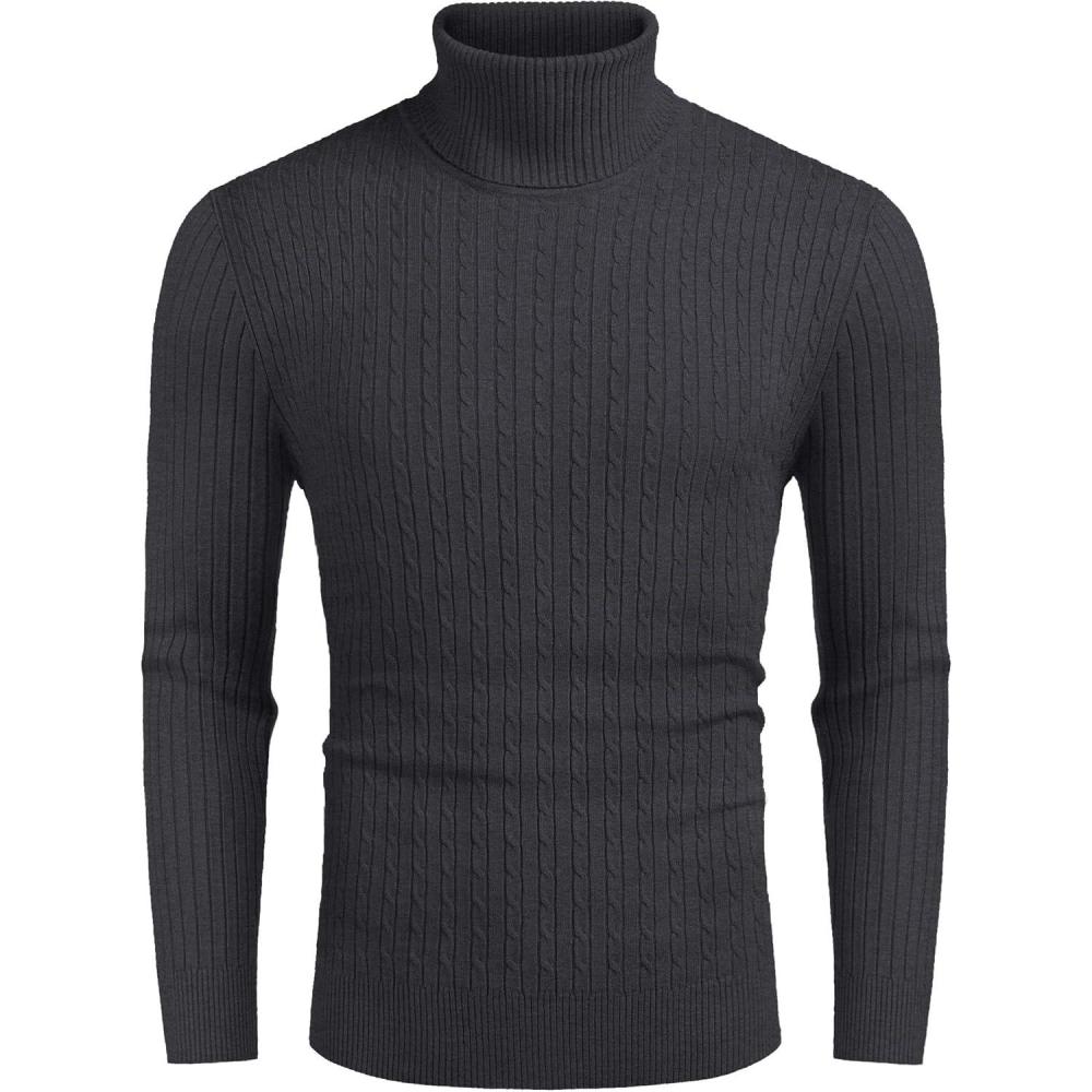 imageCOOFANDY Mens Slim Fit Turtleneck Sweater Casual Twist Patterned Pullover Knitted SweatersDark Grey