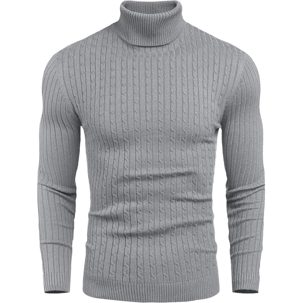 imageCOOFANDY Mens Slim Fit Turtleneck Sweater Casual Twist Patterned Pullover Knitted SweatersGrey