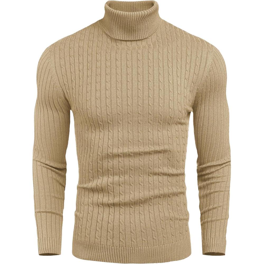 imageCOOFANDY Mens Slim Fit Turtleneck Sweater Casual Twist Patterned Pullover Knitted SweatersKhaki