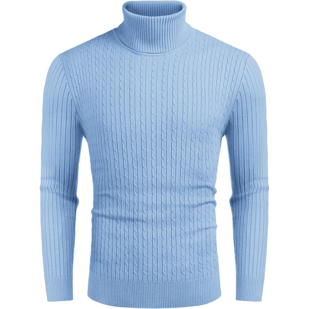imageCOOFANDY Mens Slim Fit Turtleneck Sweater Casual Twist Patterned Pullover Knitted SweatersLight Blue