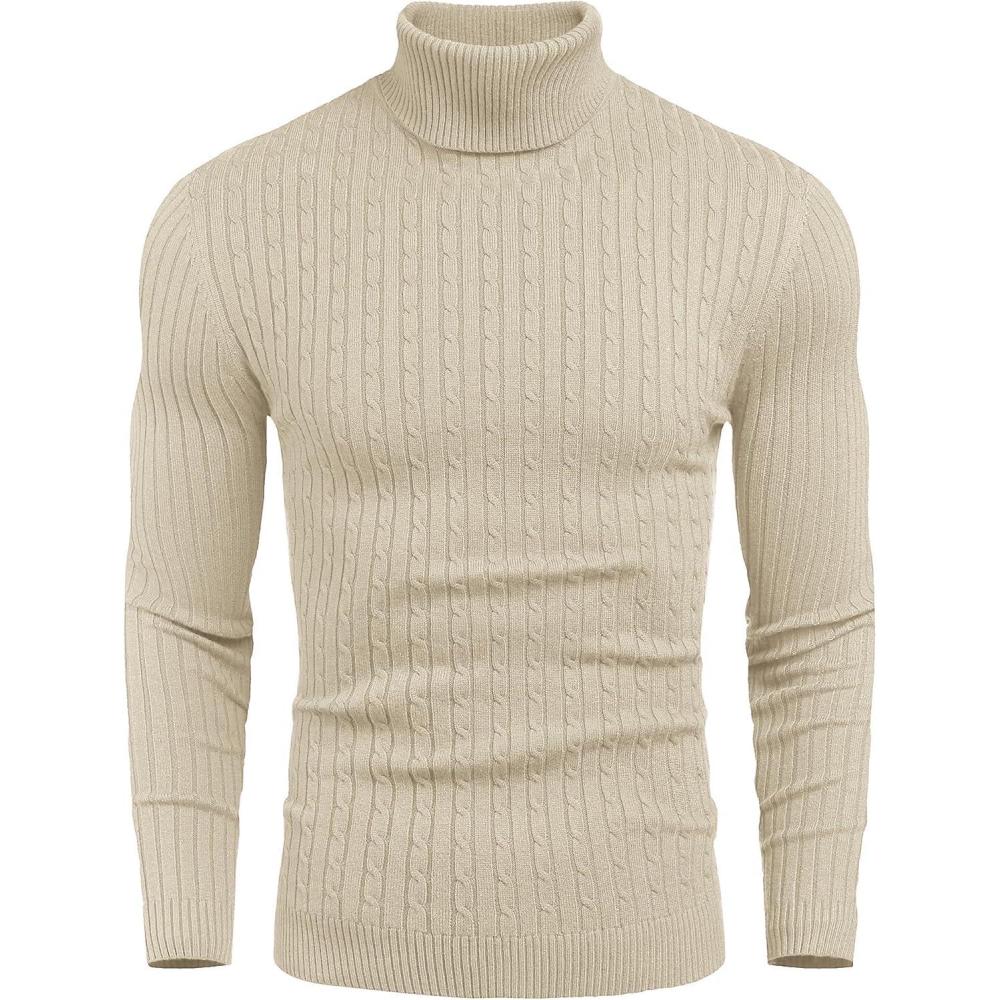 imageCOOFANDY Mens Slim Fit Turtleneck Sweater Casual Twist Patterned Pullover Knitted SweatersLight Khaki