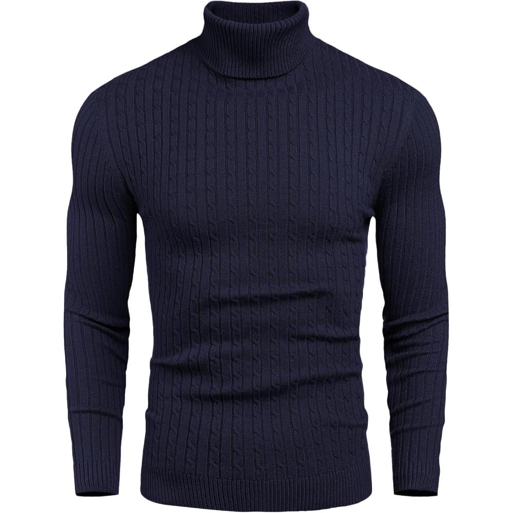 imageCOOFANDY Mens Slim Fit Turtleneck Sweater Casual Twist Patterned Pullover Knitted SweatersNavy Blue