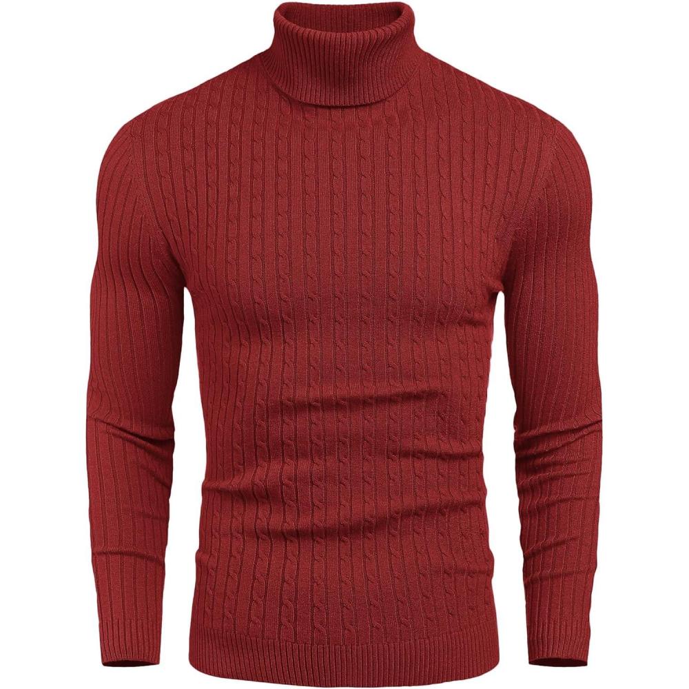 imageCOOFANDY Mens Slim Fit Turtleneck Sweater Casual Twist Patterned Pullover Knitted SweatersRed