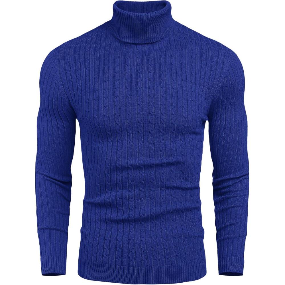 imageCOOFANDY Mens Slim Fit Turtleneck Sweater Casual Twist Patterned Pullover Knitted SweatersRoyal Blue
