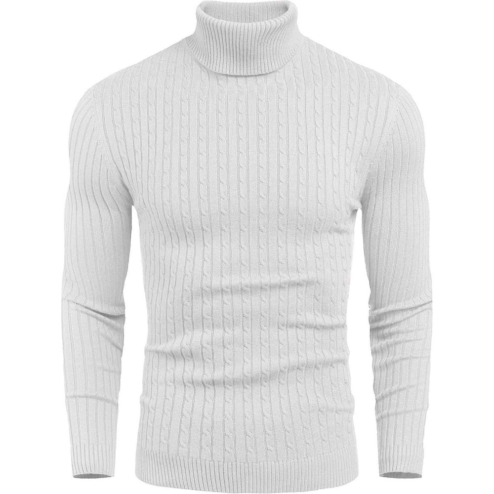 imageCOOFANDY Mens Slim Fit Turtleneck Sweater Casual Twist Patterned Pullover Knitted SweatersWhite