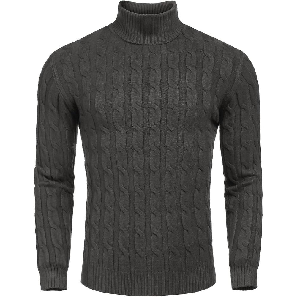 imageCOOFANDY Mens Slim Fit Turtleneck Sweater Casual Twisted Knitted Pullover SweatersCharcoal Grey
