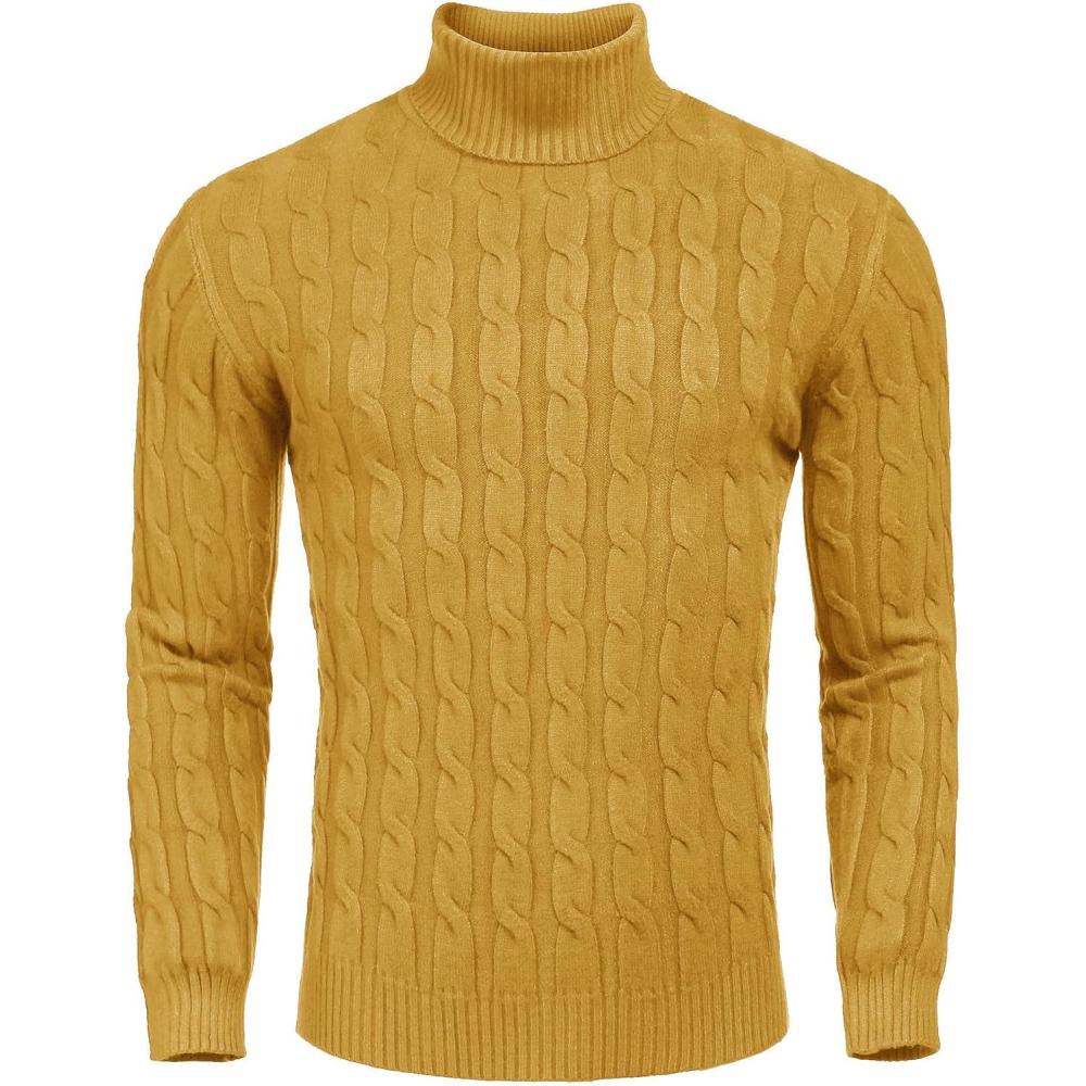 imageCOOFANDY Mens Slim Fit Turtleneck Sweater Casual Twisted Knitted Pullover SweatersLight Yellow