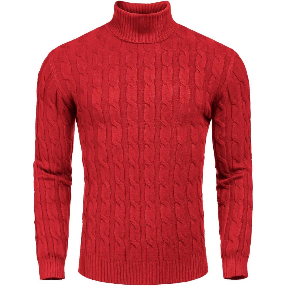 imageCOOFANDY Mens Slim Fit Turtleneck Sweater Casual Twisted Knitted Pullover SweatersRed