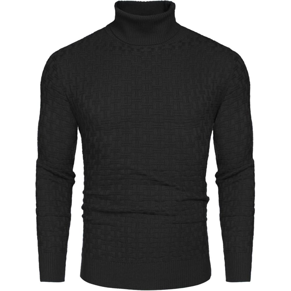 imageCOOFANDY Mens Slim Fit Turtleneck Sweaters Casual Cable Knitted Soft Pullover Sweaters01black