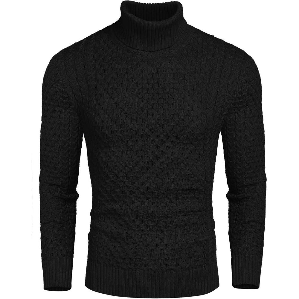 imageCOOFANDY Mens Slim Fit Turtleneck Sweaters Casual Cable Knitted Soft Pullover SweatersAblack