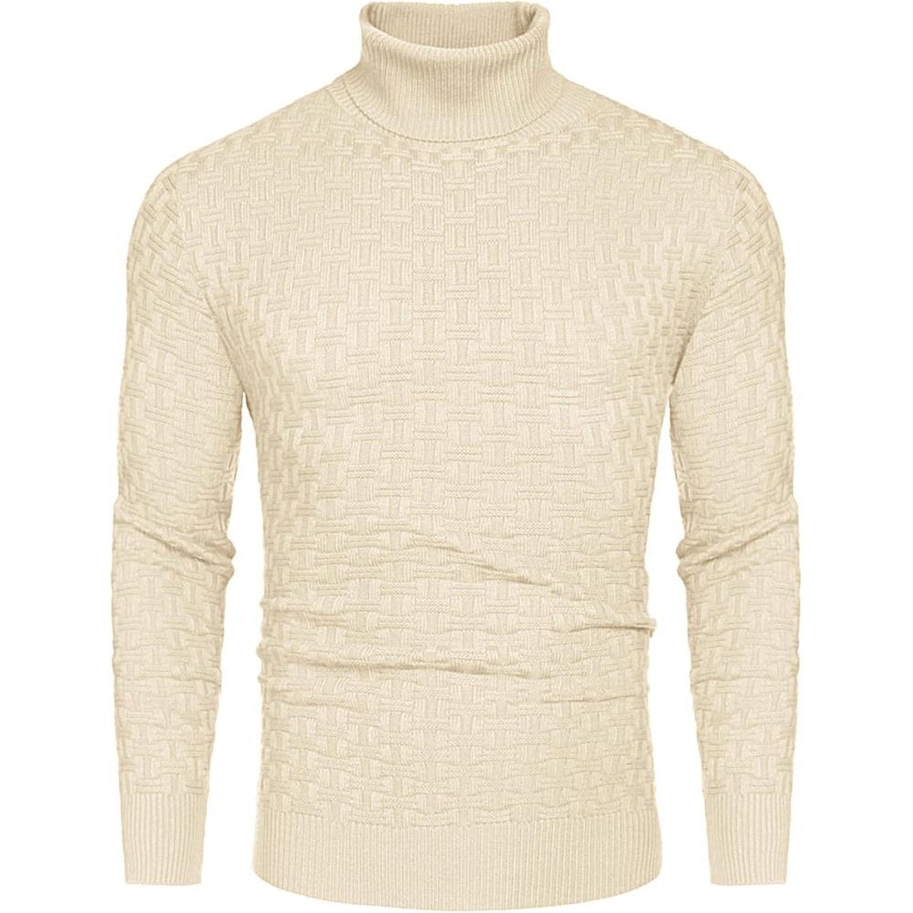 imageCOOFANDY Mens Slim Fit Turtleneck Sweaters Casual Cable Knitted Soft Pullover SweatersApricot