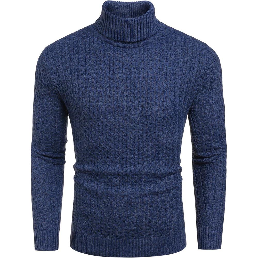 imageCOOFANDY Mens Slim Fit Turtleneck Sweaters Casual Cable Knitted Soft Pullover SweatersColorful Blue