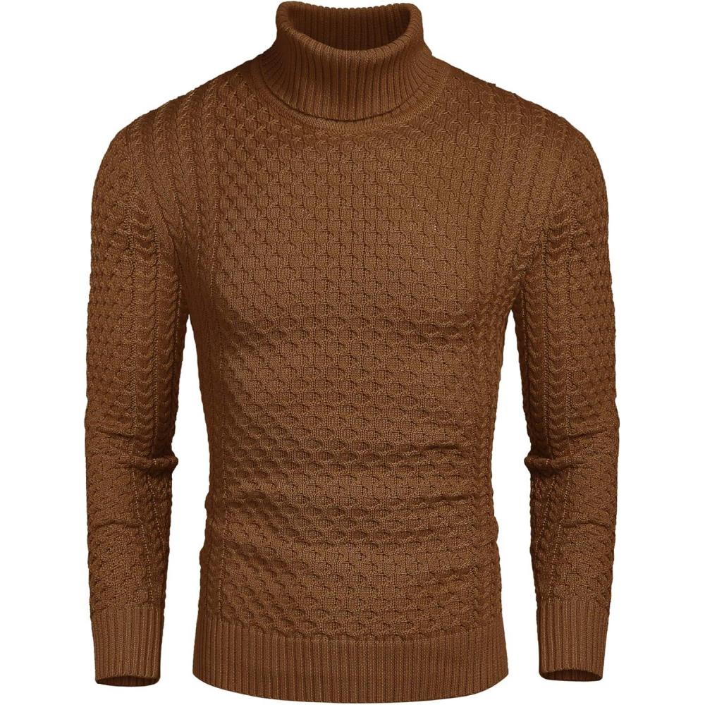 imageCOOFANDY Mens Slim Fit Turtleneck Sweaters Casual Cable Knitted Soft Pullover SweatersDark Brown