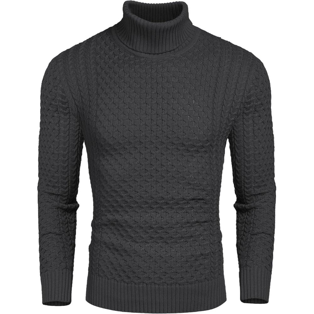 imageCOOFANDY Mens Slim Fit Turtleneck Sweaters Casual Cable Knitted Soft Pullover SweatersDark Gray
