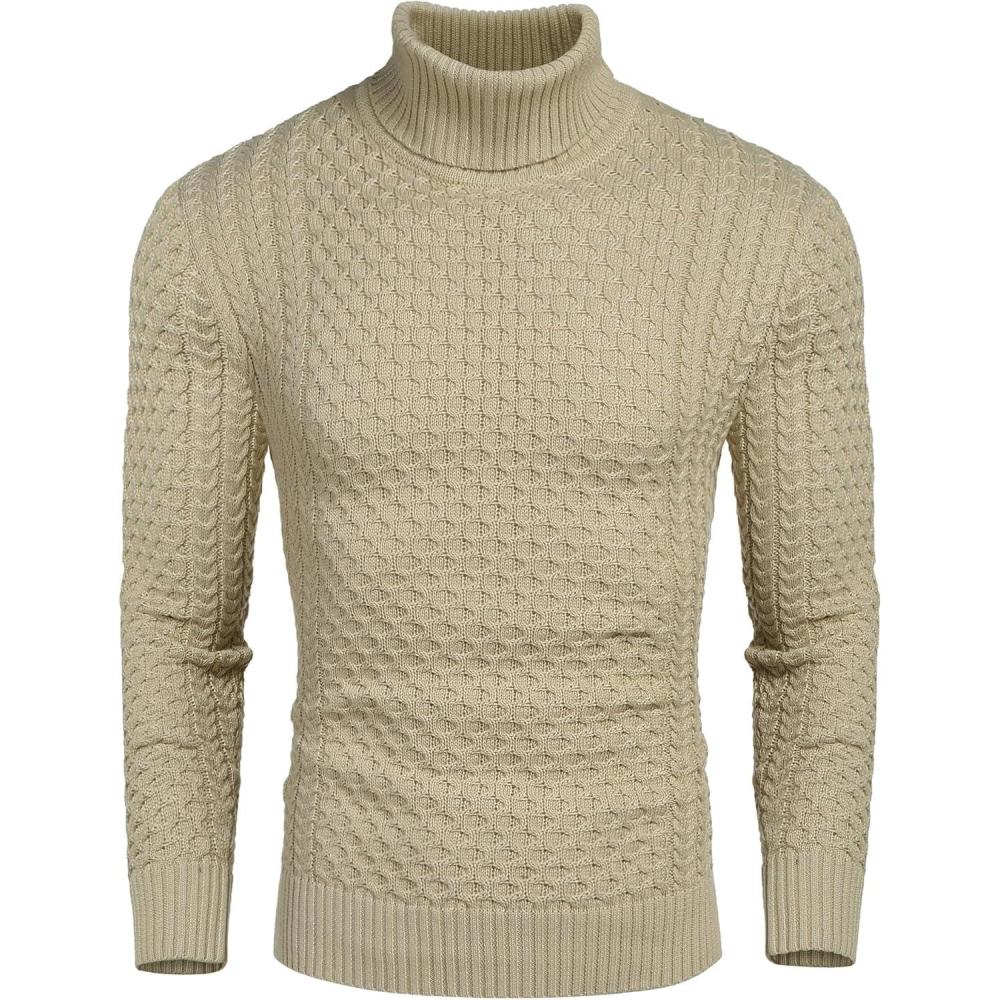 imageCOOFANDY Mens Slim Fit Turtleneck Sweaters Casual Cable Knitted Soft Pullover SweatersKhaki