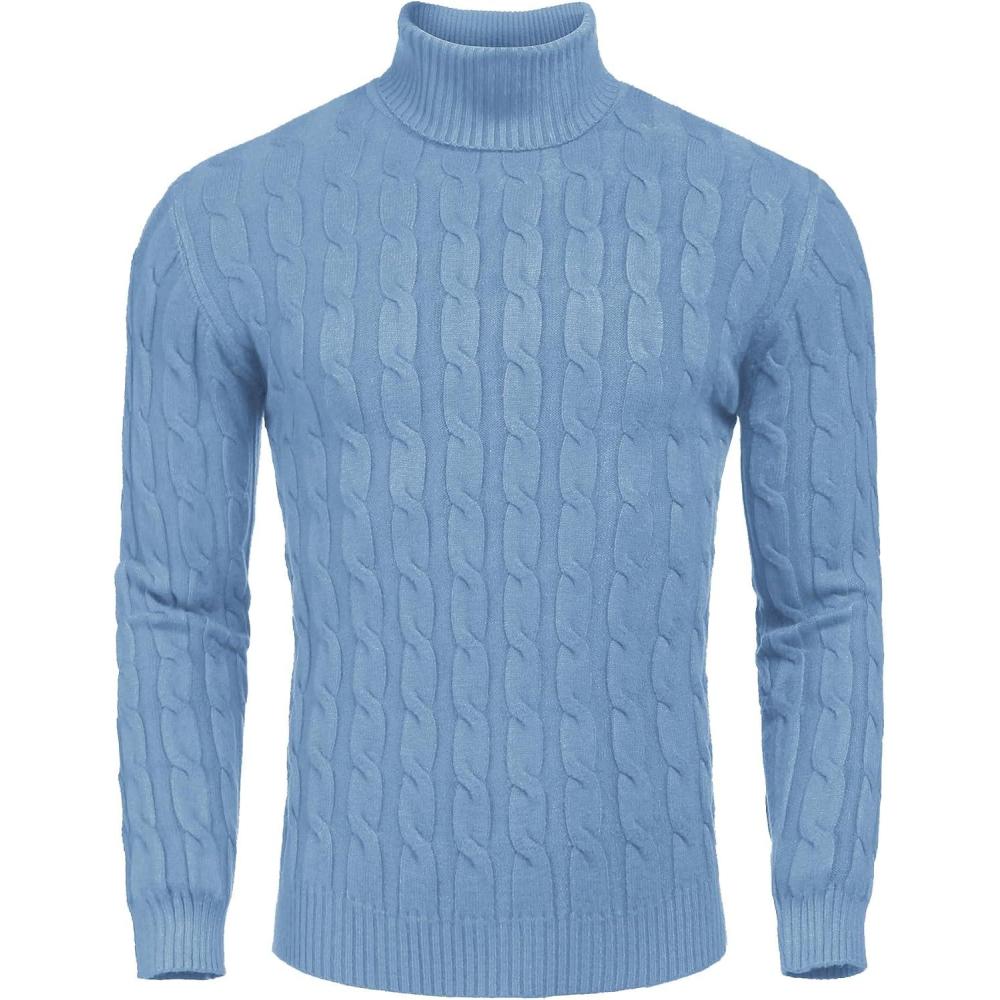 imageCOOFANDY Mens Slim Fit Turtleneck Sweaters Casual Cable Knitted Soft Pullover SweatersLight Blue