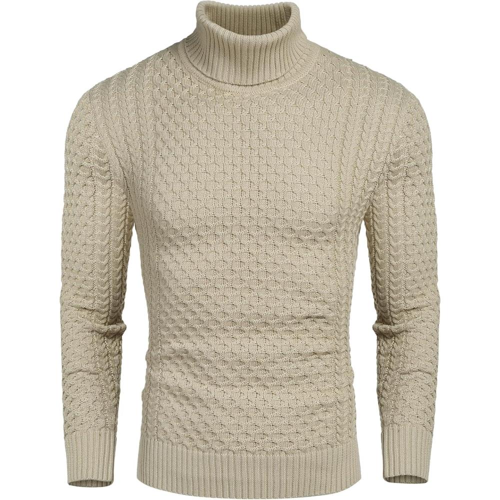 imageCOOFANDY Mens Slim Fit Turtleneck Sweaters Casual Cable Knitted Soft Pullover SweatersLight Khaki