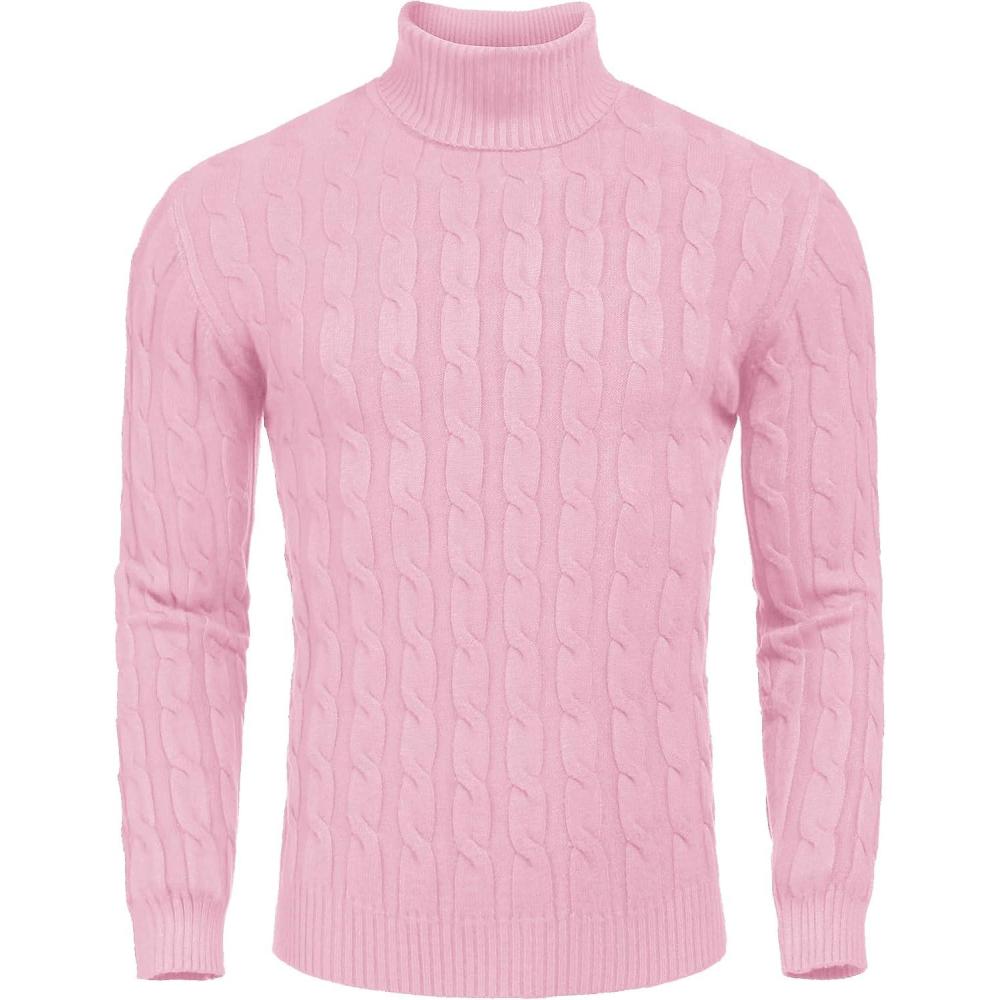 imageCOOFANDY Mens Slim Fit Turtleneck Sweaters Casual Cable Knitted Soft Pullover SweatersLight Pink
